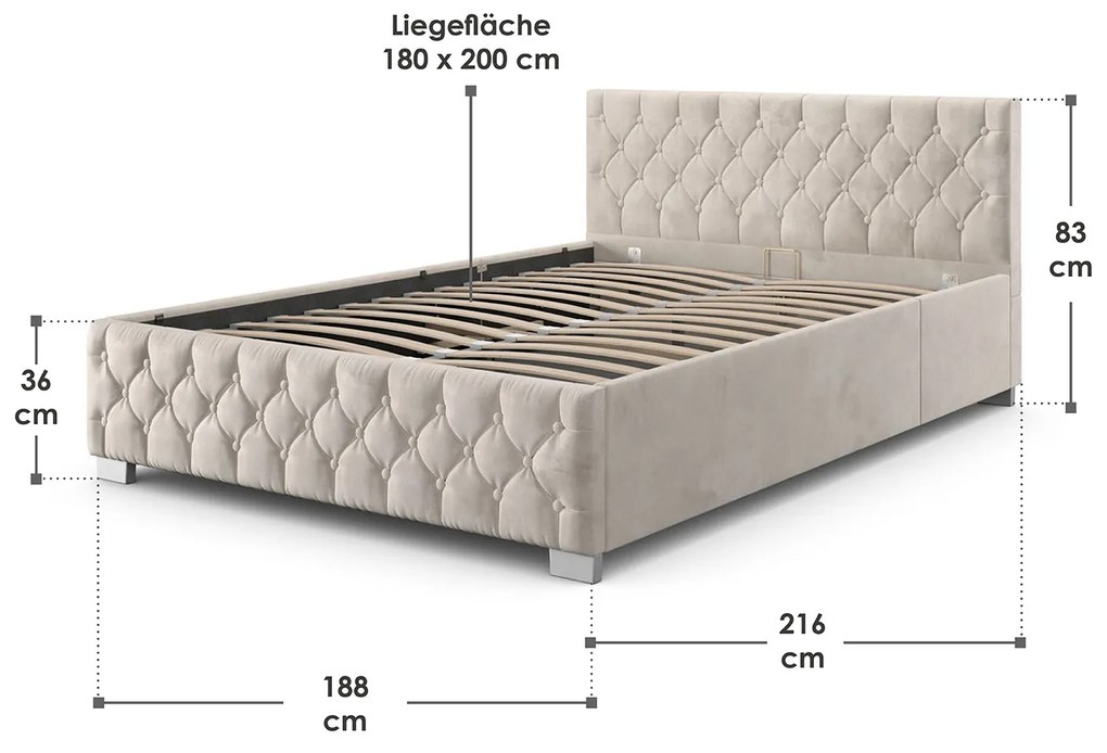 Pat tapitat Nizza 180 x 200 cm cu iluminare LED de culoare bej