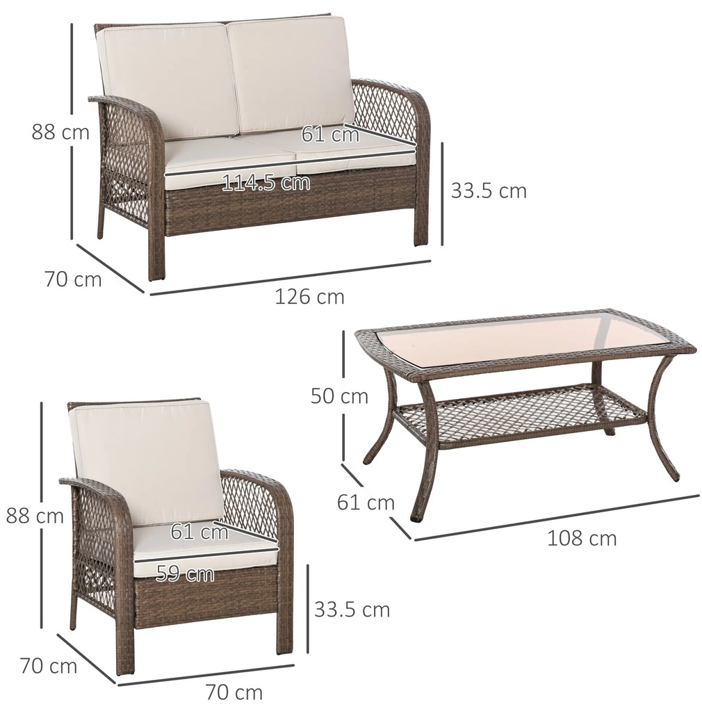 Set Mobilier de Gradina din Ratan Maro Outsunny, 4 piese, Perne Puf Kaki | Aosom Romania