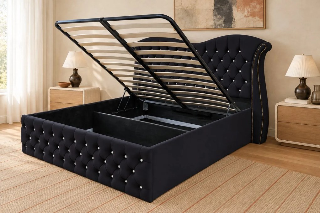 Pat tapițat Chesterfield Avella 160×200 cm, negru, cu ladă de depozitare