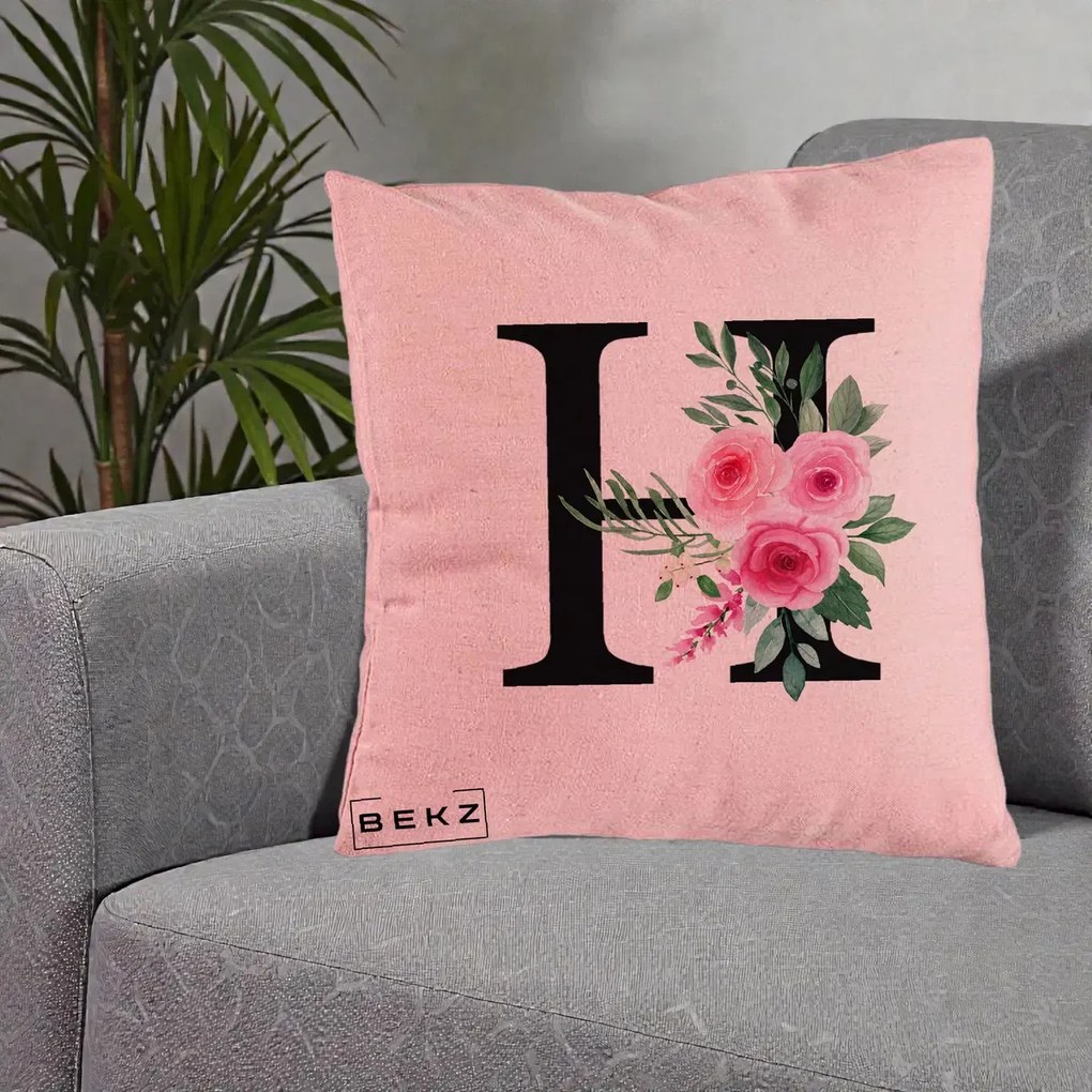 Cadou Personalizat - Perna Personalizata Monograma Florala Litera H cu Trandafiri Roz, 40x40 cm, Roz, Husa Detasabila, Perna Inclusa, BEKZ®