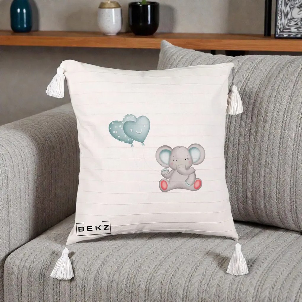 Perna Decorativa cu Franjuri, Model Elefant si baloane in forma de inimioare, 40x40 cm, Bej cu Franjuri, Husa Detasabila, Perna Inclusa, BEKZ®