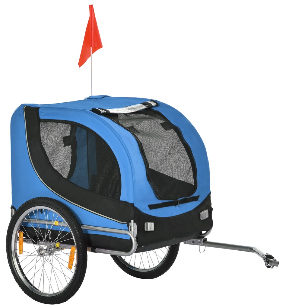 PawHut Remorcă de Bicicletă pentru Câini cu Punct de Atașare, Ferestre Laterale și Steguleț, 130x73x90 cm, Albastru | Aosom Romania