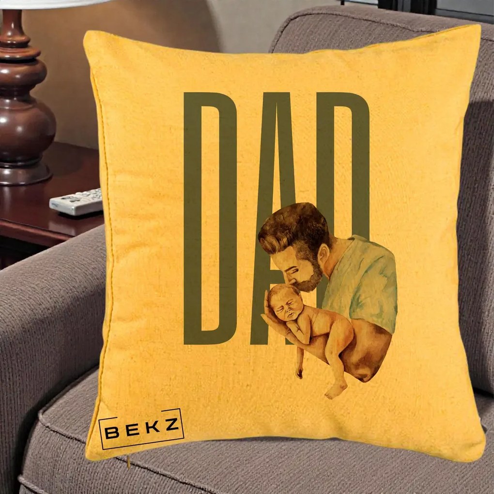 Cadou pentru Tata - Perna Personalizata DAD Tata si Nou-Nascut, 40x40 cm, Galben, Husa Detasabila, Perna Inclusa, BEKZ®