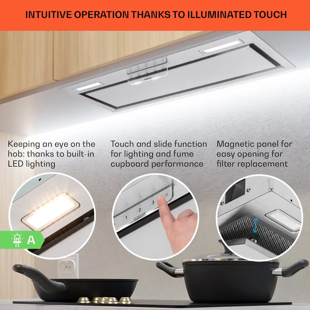 Klarstein Hota de bucătărie încorporată Camila 70 cm 397 m³/h LED touch din oțel inoxidabil