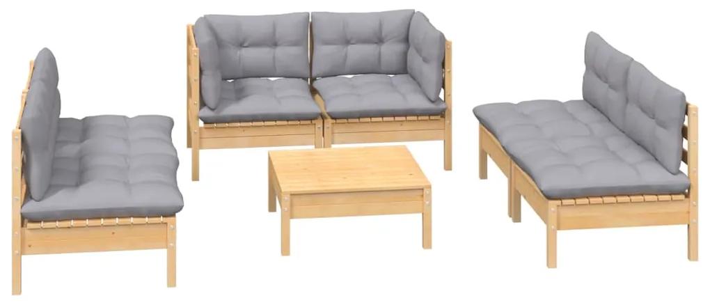 Set mobilier gradina cu perne, 7 piese, gri, lemn masiv pin Maro  si gri, 1