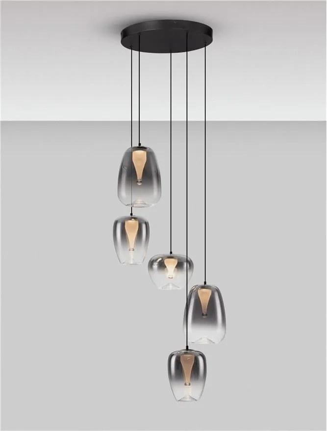 Lustra moderna cu 5 pendule LED, Metal, Sticla, Gri Fumuriu, OBLO