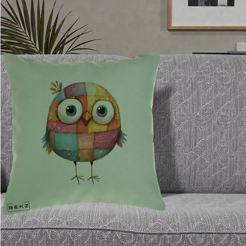 Perna decorativa Pasare Patchwork Colorata, 40x40 cm cu Umplutura, Verde, BEKZ