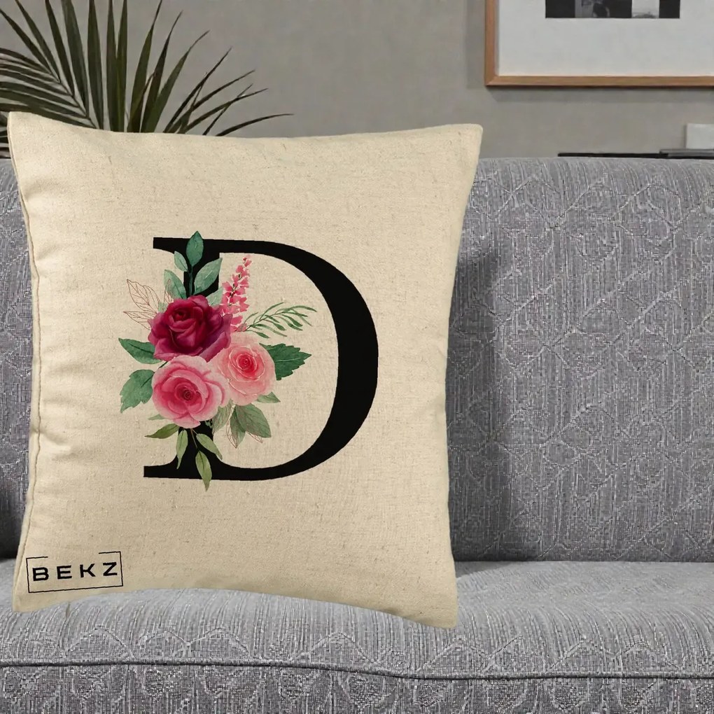 Cadou Personalizat - Perna Personalizata Monograma Florala Litera D, 40x40 cm, Bej, Husa Detasabila, Perna Inclusa, BEKZ®