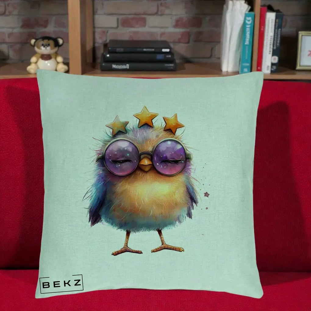 Perna Decorativa Pui Pop Star cu Ochelari Stele Violet, 40x40 cm, Verde Menta, Husa Detasabila, Perna Inclusa, BEKZ®