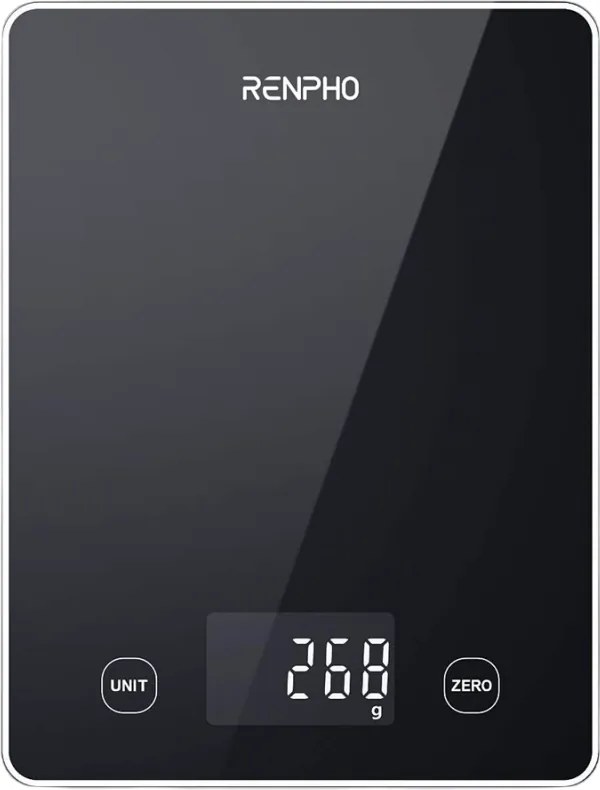 Smart cantar de bucatarie RENPHO Calibra 1L, Pana la 10 kg, 22 de functii de analiza, Sincronizare cu aplicatii mobile, TARE, mod cafea, Sticla termorezistenta, Negru