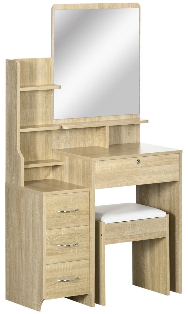 HOMCOM Set de coafare masa de machiaj cu taburet tapitat mare oglinda + rafturi deschise multiple + 4 sertare lemn natural | Aosom Romania