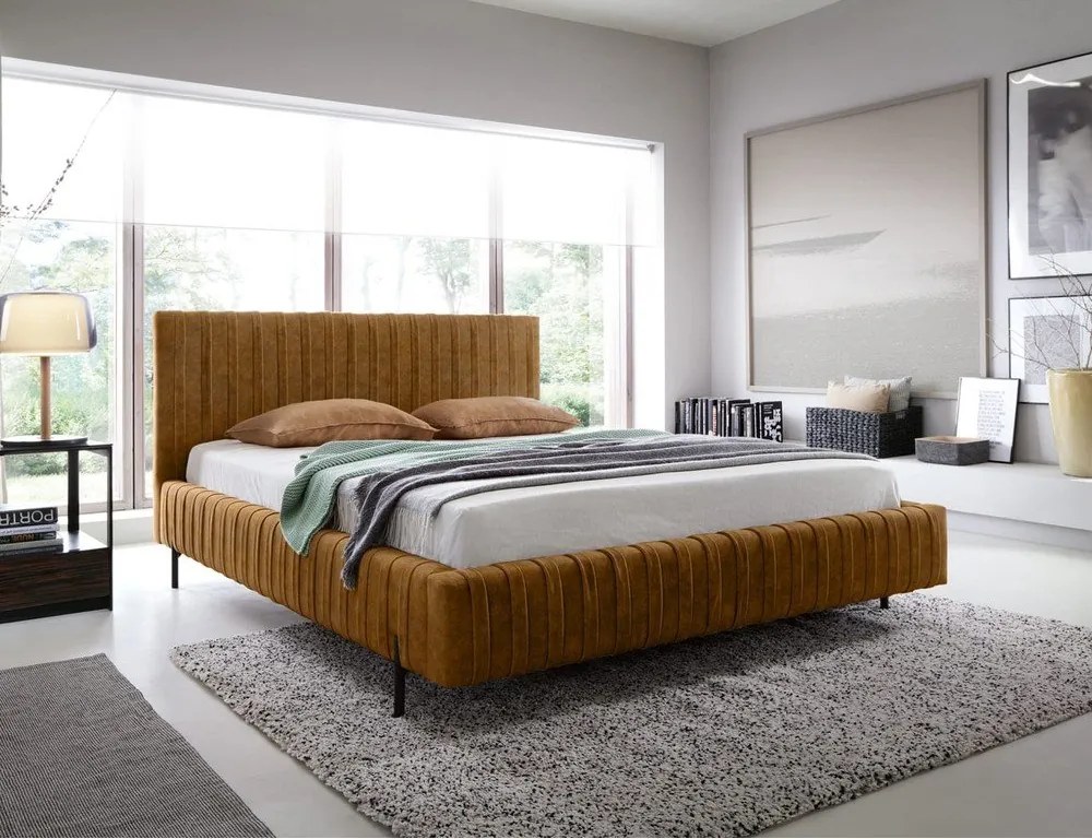 Pat matrimonial galben ocru tapițat cu spațiu de depozitare cu somieră 160x200 cm Plissa – ELTAP