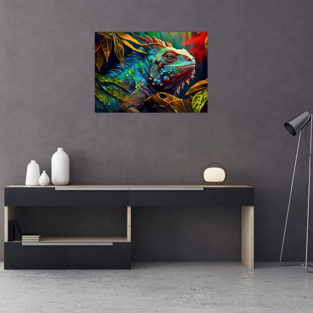 Tablou pe sticlă - Iguana colorată (70x50 cm)