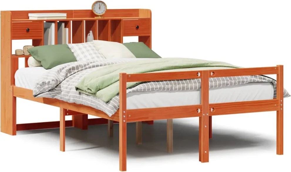 vidaXL Pat cu bibliotecă fără saltea maro 140x200 cm lemn masiv de pin