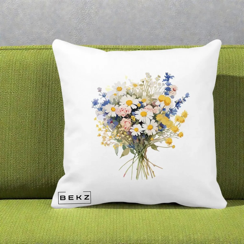 Perna Decorativa Buchet Camp Acuarela Margarete-Lavanda, 40x40 cm, Alba Mata, Husa Detasabila, Perna Inclusa, BEKZ®