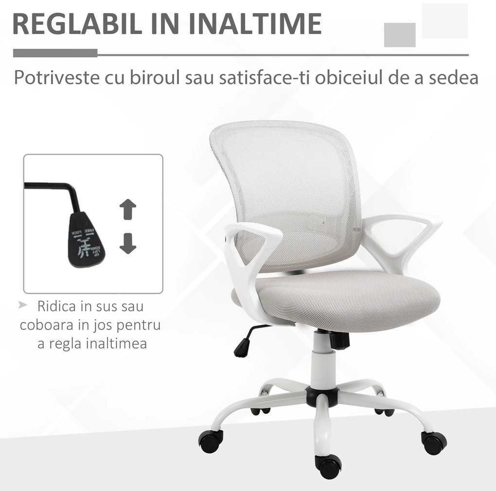 Scaun de Birou din Plasa din Material Textil Gri, Scaun pentru Masa de Lucru Ergonomic si Rotativ cu Înaltime Ajustabila Vinsetto | Aosom Romania