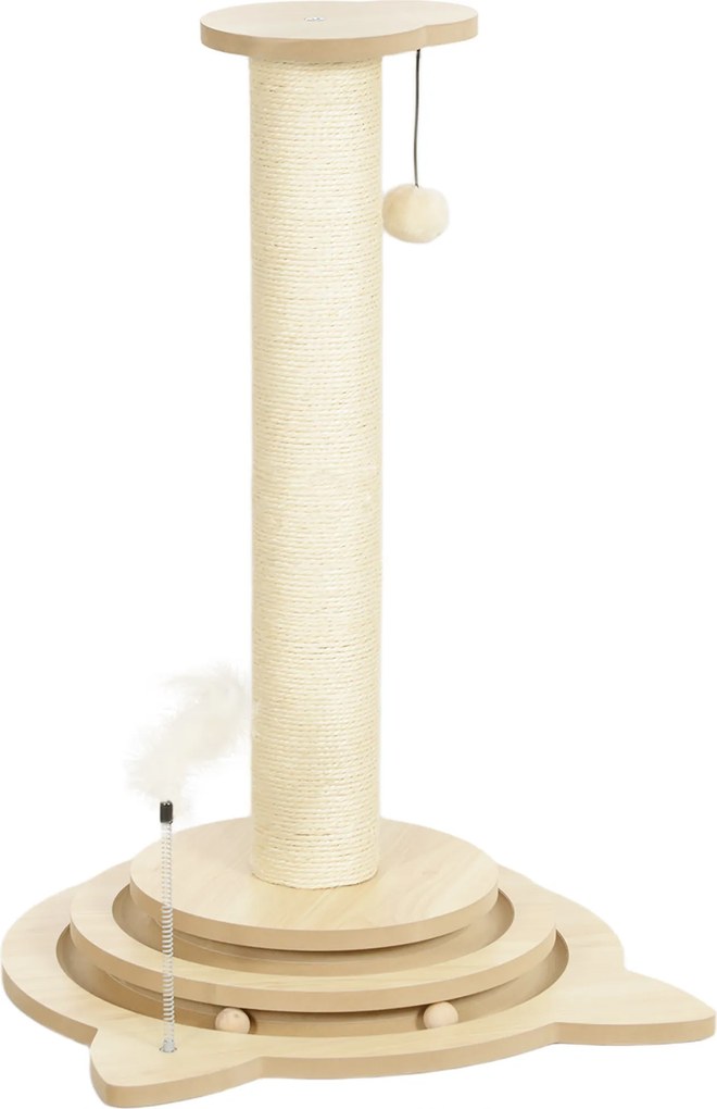 PawHut Copac de zgâriat pentru pisici, 69 cm, stâlp de zgâriat din sisal, traseu cu bile, minge de joacă, jucărie cu pană, design 4-în-1, alb crem | Aosom Romania