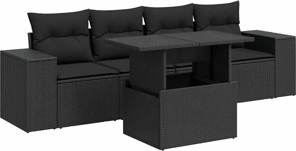 vidaXL Set mobilier de grădină cu perne, 5 piese, negru, poliratan