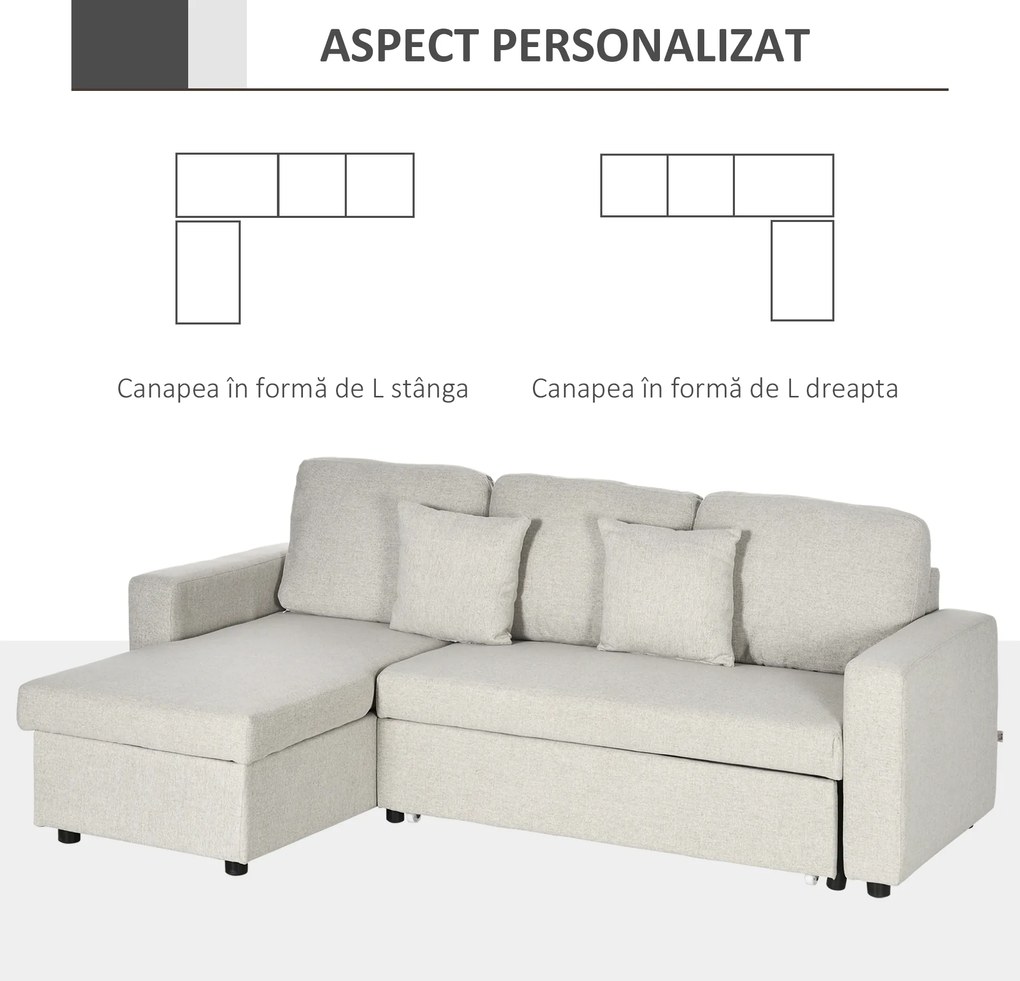HOMCOM Canapea Extensibilă de Colț în Formă de L, Cu Șezlong Convertibil și Spațiu de Depozitare, Tapițerie Crem cu Efect de In, Perne Incluse | Aosom Romania