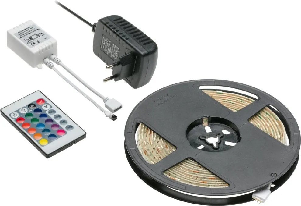Kit bandă LED GTV pentru mobilier, cu telecomandă, lumină RGB, 30 LED m, 25 W, IP20, 5 m Multicolor, 25 W