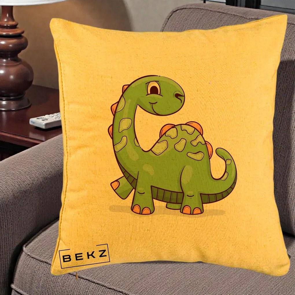 Perna Decorativa Brontosaur Verde Simpatic, 40x40 cm, Galben, Husa Detasabila, Perna Inclusa, BEKZ®