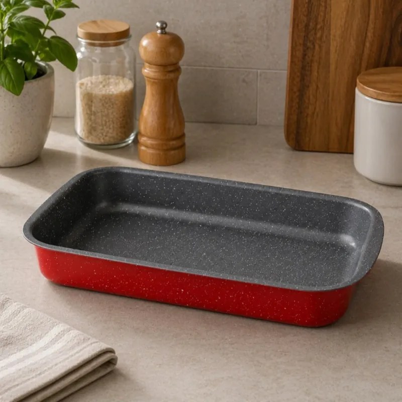 Tava de copt Oliver Voltz Florence OV51222B35S, 35x24x5,5 cm, Acoperire marmura, Fara PFOA, Rosu
