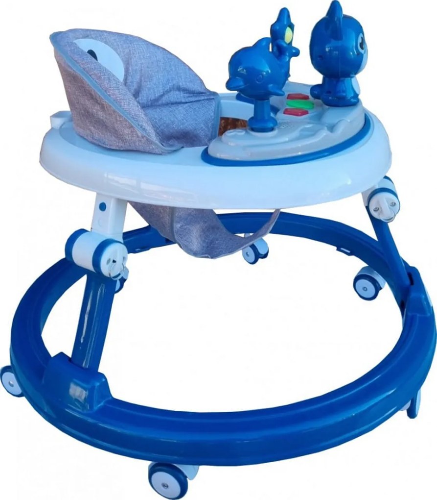 Premergator reglabil in 6 trepte de inaltime NOVOKIDS™ Happy Kitty, Cu melodii, Pliabil, Max 20 kg, Roti silentioase, Model Pisicuta, Albastru