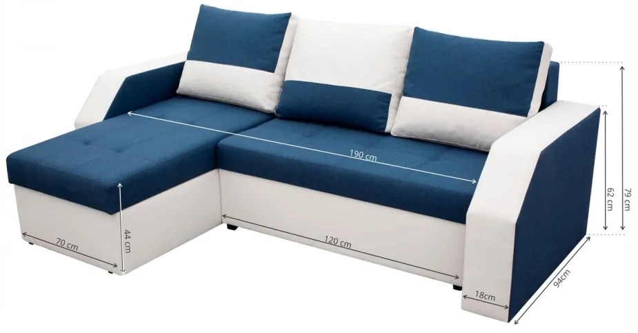 Coltar extensibil Madrid, 226x145x79 cm, 2 lazi depozitare, Reversibil, Alb/Albastru petrol