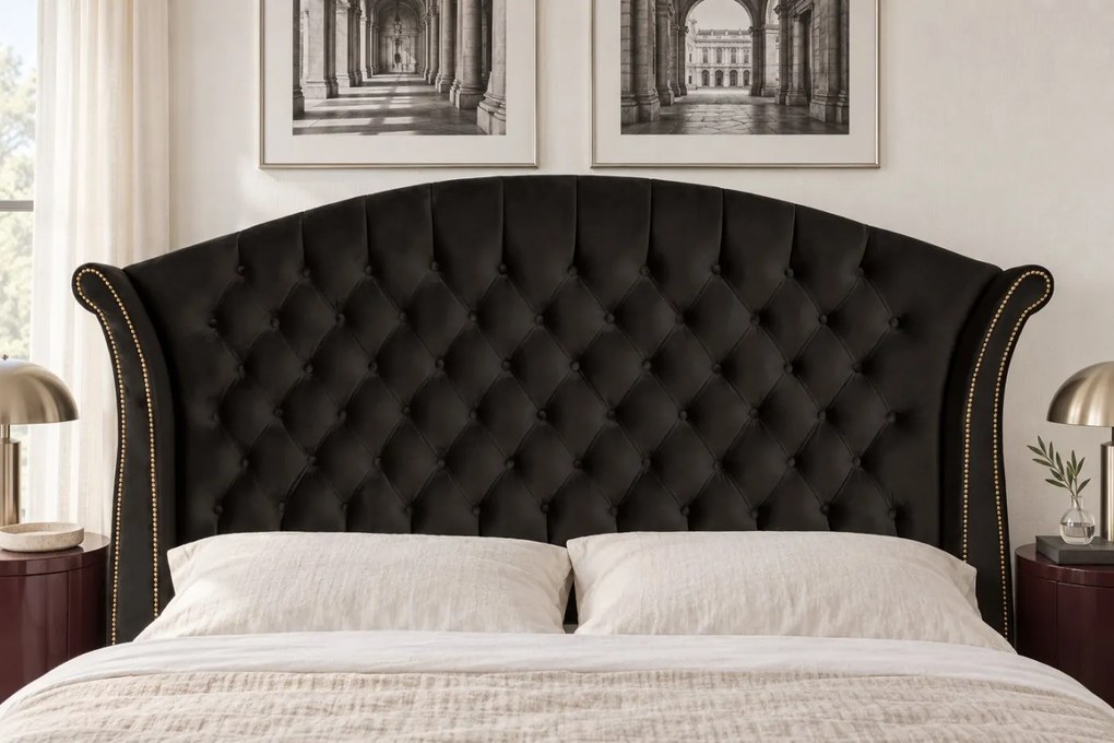 Pat tapițat Velluto 140×200 cm, negru, cu ladă de depozitare