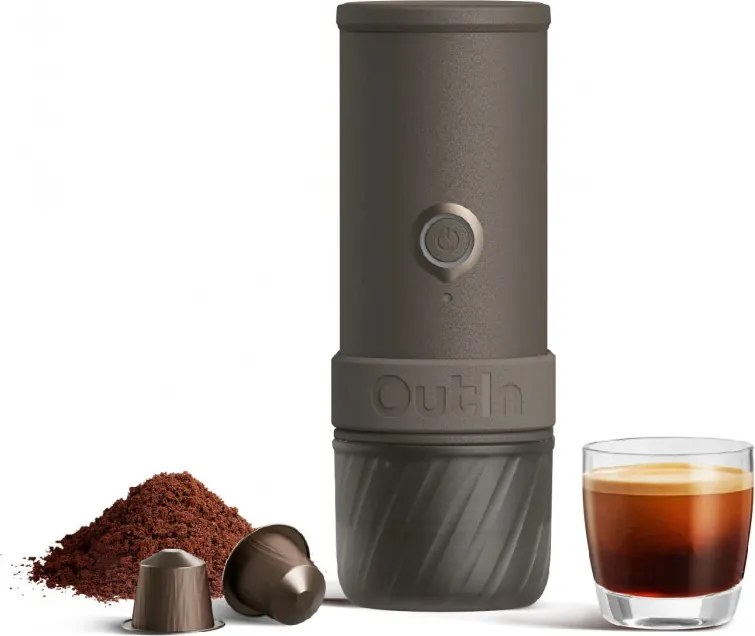 Espressor portabil Outin Mino SG, 22 bari, 9000 mAh, 70 ml, Extractie la 93,3°C, Cafea macinata si capsule Nespresso, USB-C, Gri