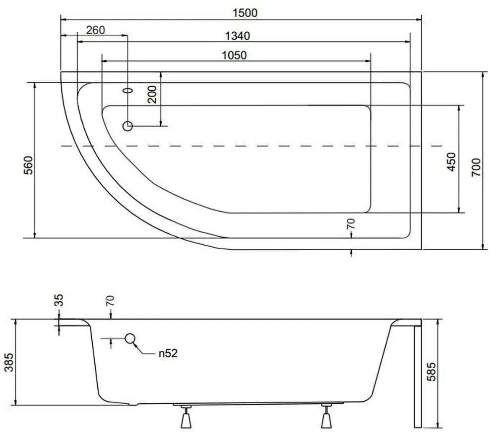 Cada baie asimetrica, acril, 150 x 70 cm, orientare stanga, Besco Praktika Stanga, 1500x700 mm