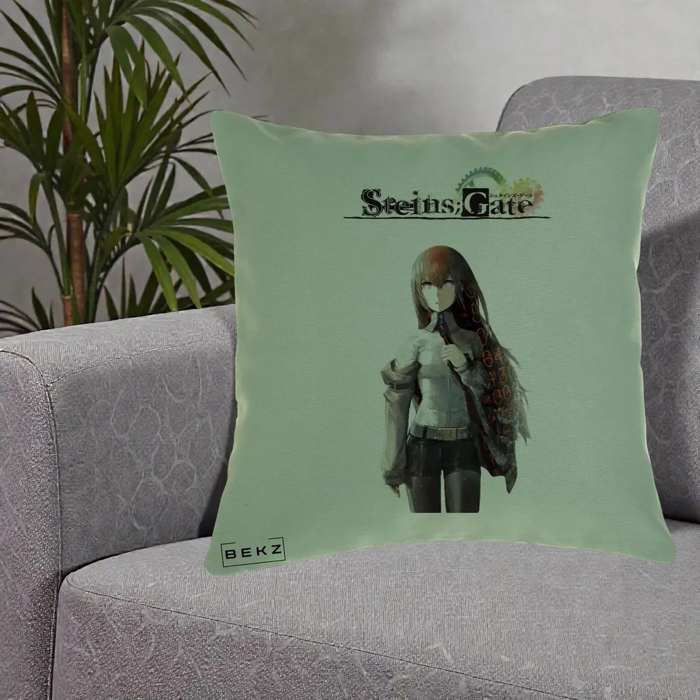 Perna Personalizata Steins Gate Kurisu Makise Anime, 40x40 cm, Verde, Husa Detasabila, Perna Inclusa, BEKZ®