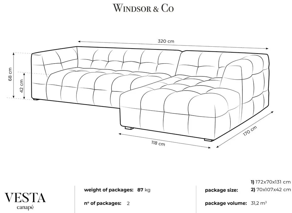 Colțar cu tapițerie din catifea și șezlong pe partea dreaptă Windsor &amp; Co Sofas Vesta, gri