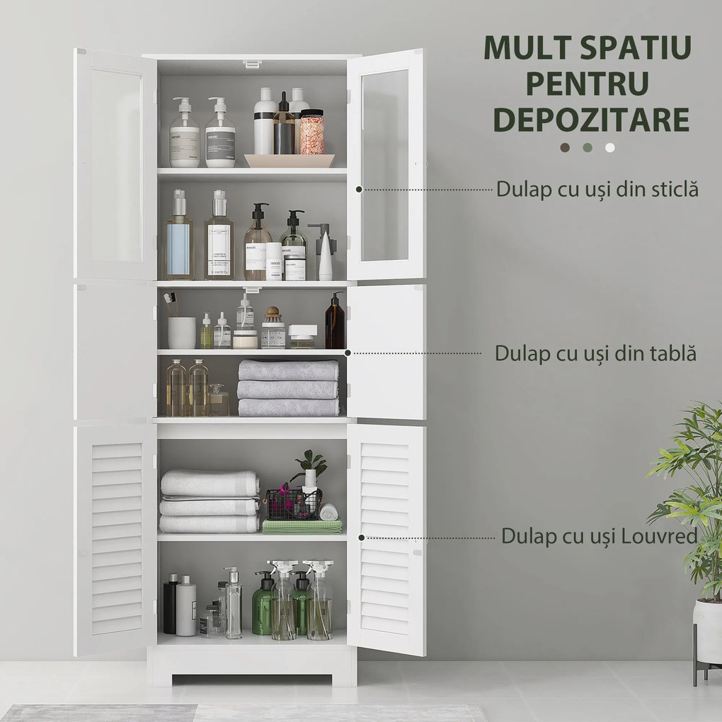 HOMCOM Dulap pentru Baie cu 3 Uși Duble din Lemn 60x30x170.5 cm, Alb | Aosom Romania