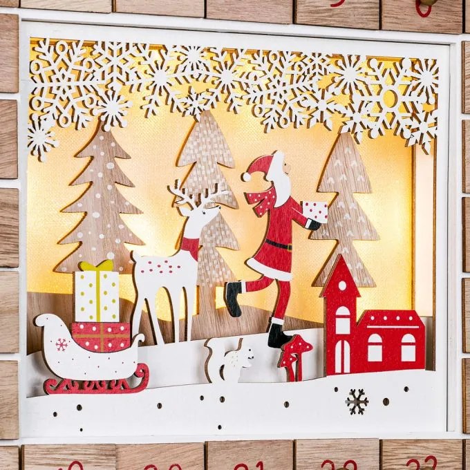 Calendar advent din lemn SANTA CLAUS cu iluminare, 35x6x27cm, alb/maro Spielwerk