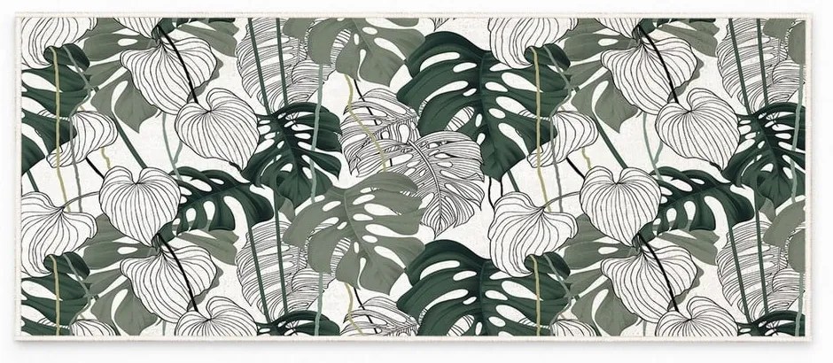 Covor tip traversă alb/verde lavabil 80x200 cm Monstera – Oyo Concept