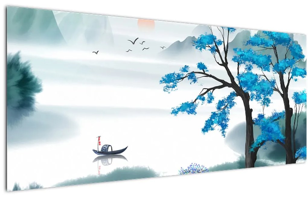 Tablou - Pictură, lac cu barcă (120x50 cm)