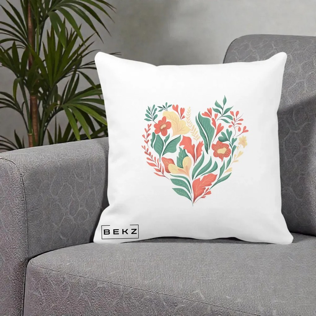 Perna Decorativa Inima Florala Botanica, 40x40 cm, Alba Mata, Husa Detasabila, Perna Inclusa, BEKZ®