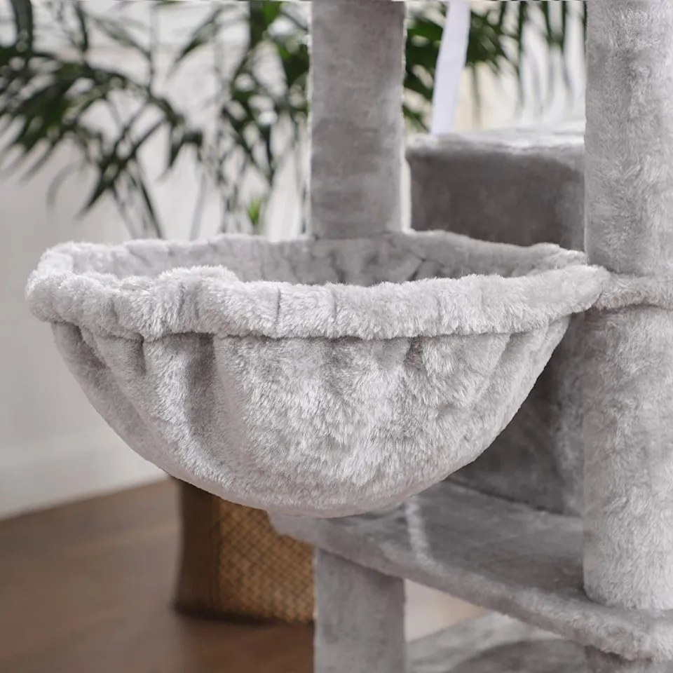 Ansamblu pentru pisici cu 3 casute, plush / sisal, gri, Feandrea