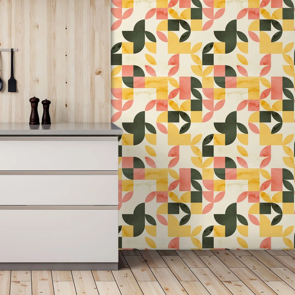Tapet - Model geometric retro în verde-galben