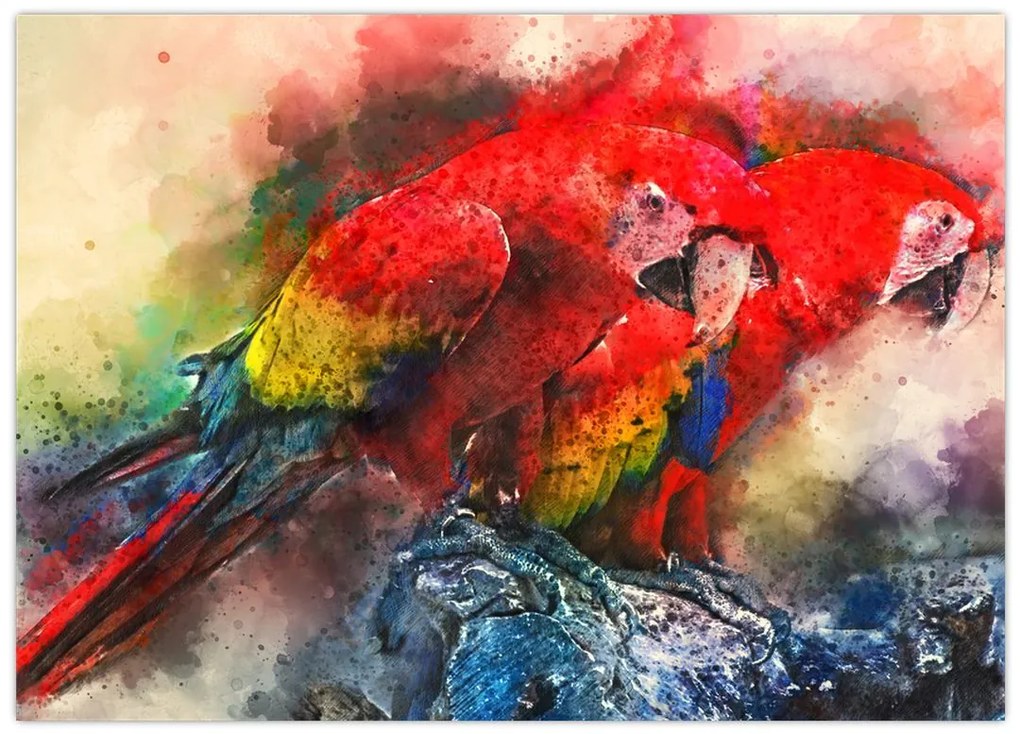 Tablou pe sticlă - Papagali roșii ara (70x50 cm)