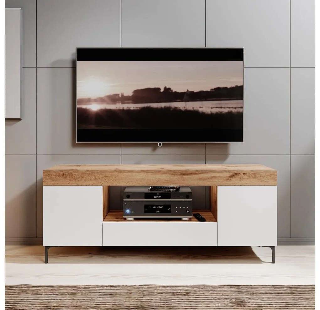Dulap TV Giuseppo (cu iluminat) (stejar lancaster + alb). 1098644