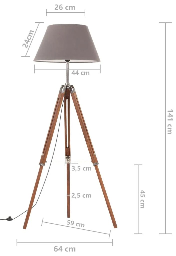 Lampa de podea trepied, maro miere si gri, 141 cm, lemn de tec Maro  si gri, 1, 1