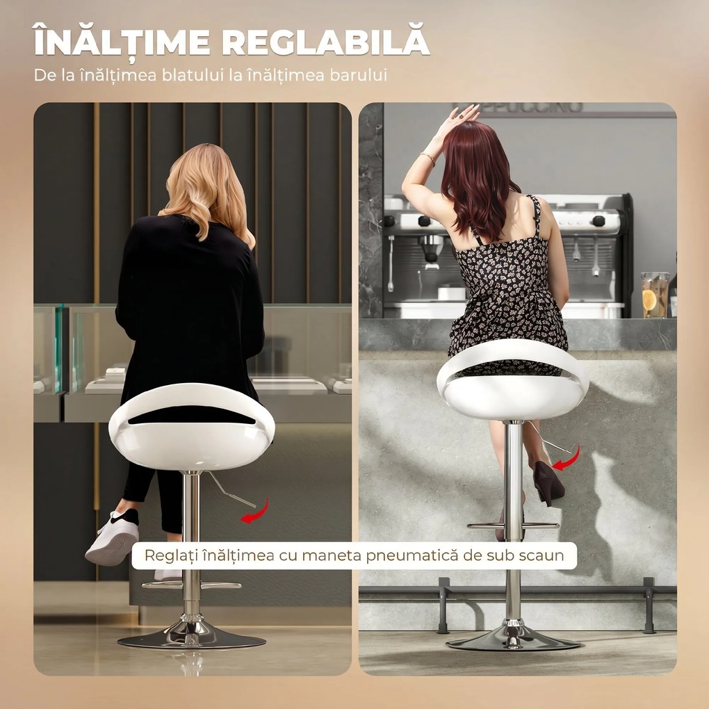 HOMCOM Set 2 Scaune de Bar Rotative cu Suport pentru Picioare și Înălțime Reglabilă, 46x41x76-96 cm, Alb | Aosom Romania