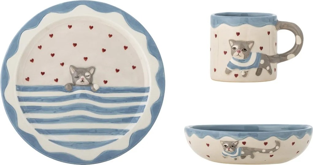 Set 3 piese din ceramică artizanală, multicolor, pictate manual cu pisică și inimi, pentru copii, „Mille"