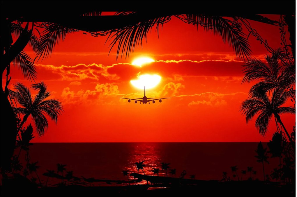 Tablou - apus de soare cu avion (90x60 cm)