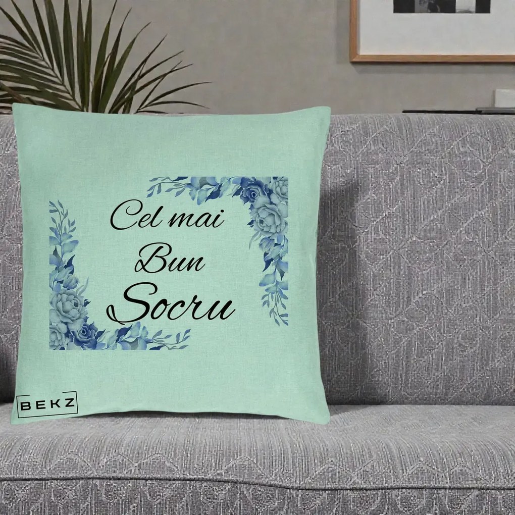Cadou pentru Socru - Perna Personalizata Cel mai Bun Socru cu Flori Albastre Acuarela, 40x40 cm, Verde Menta, Husa Detasabila, Perna Inclusa, BEKZ®
