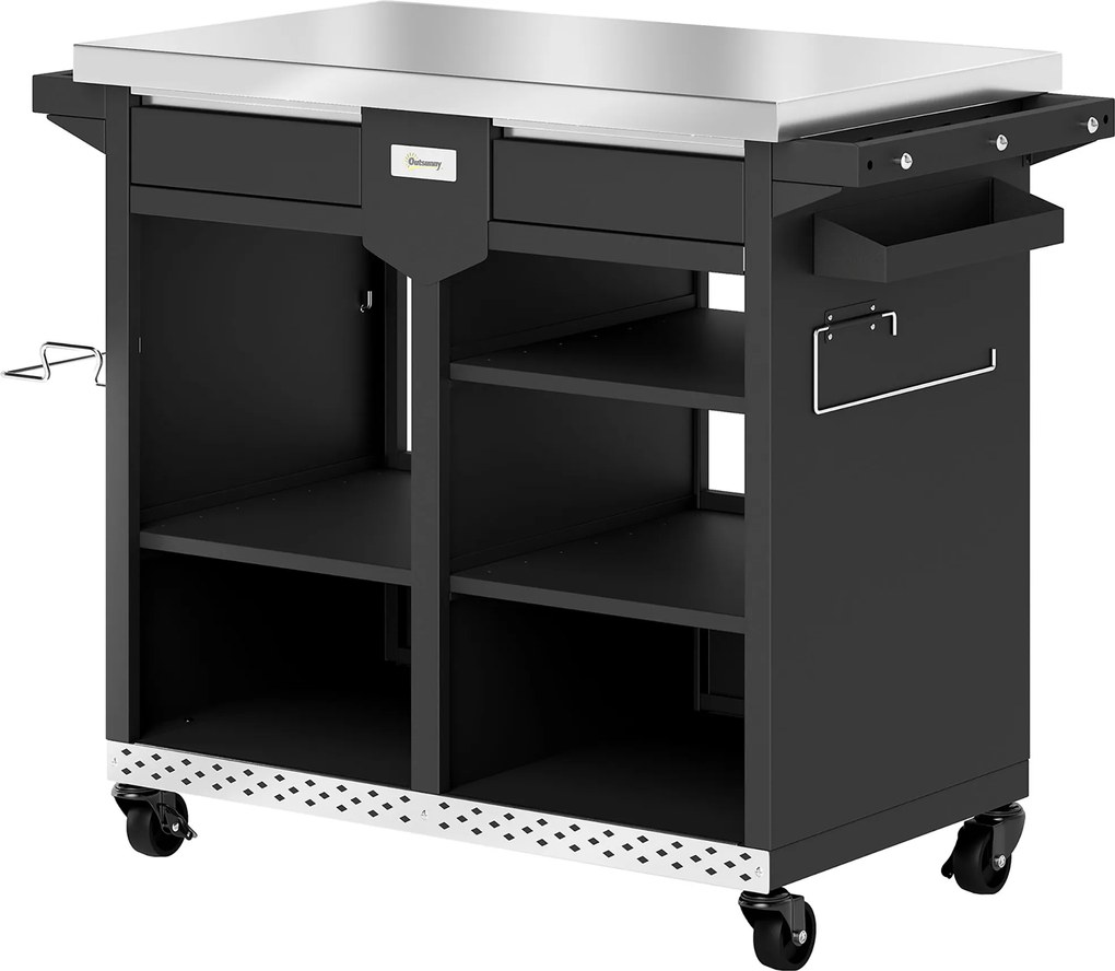 Outsunny Cărucior grătar 5-nivele Masă laterală cu suprafață de lucru din oțel inoxidabil rafturi reglabile sertar roți suport condimente suport prosoape | Aosom Romania