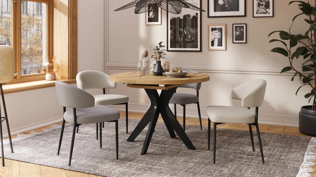 Mazzoni RENZO Stejar Artisan/picior negru - MASĂ ROTUNDĂ Ø110 EXTENSIBILĂ PÂNĂ LA 180 cm | PENTRU BUCĂTĂRIE SUFRAGERIE LIVING RETRO