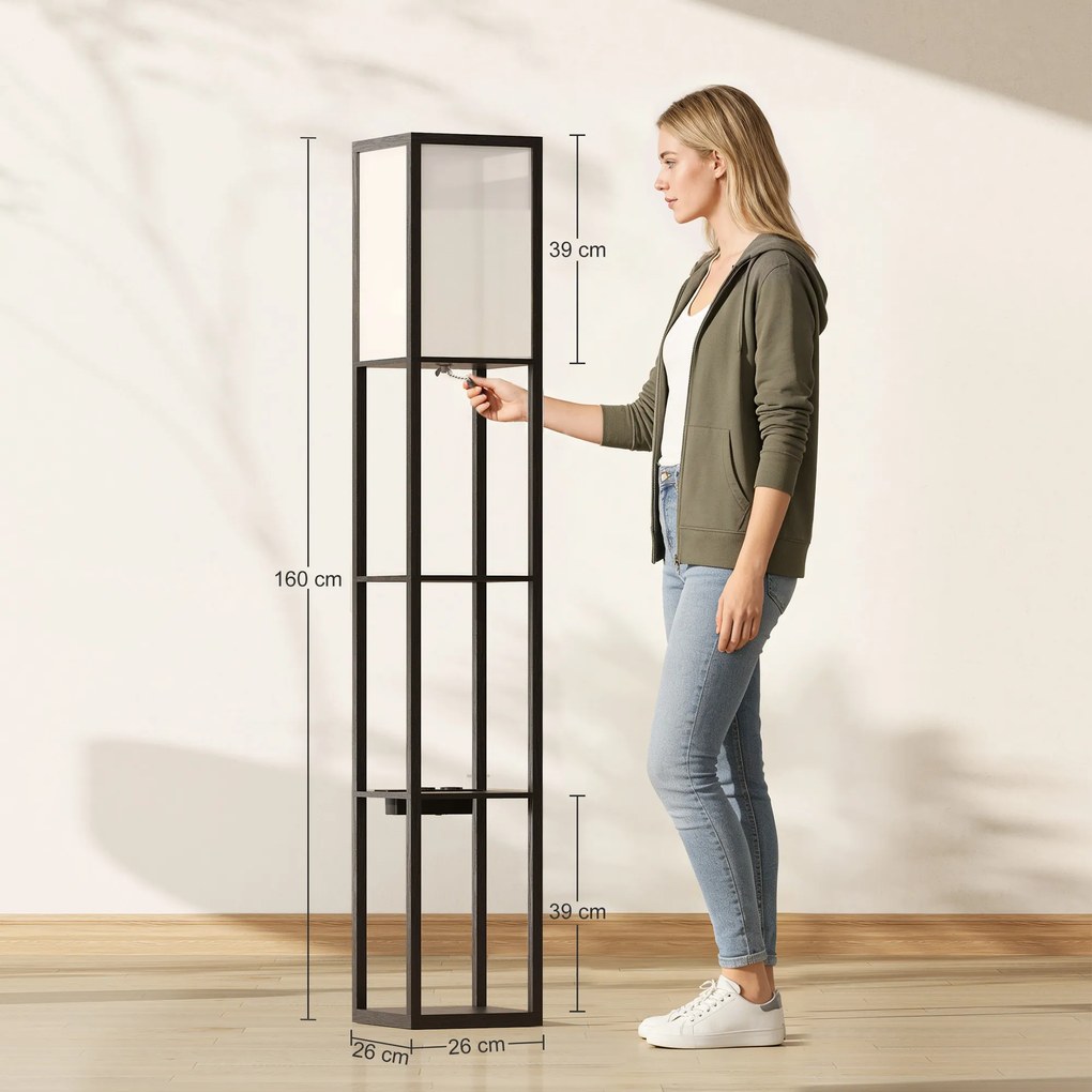 Lampă de Podea HOMCOM LED cu Rafturi, Lampă Modernă cu Comutator și Porturi USB, Lumină Reglabilă pentru Living și Dormitor, Neagră | Aosom Romania